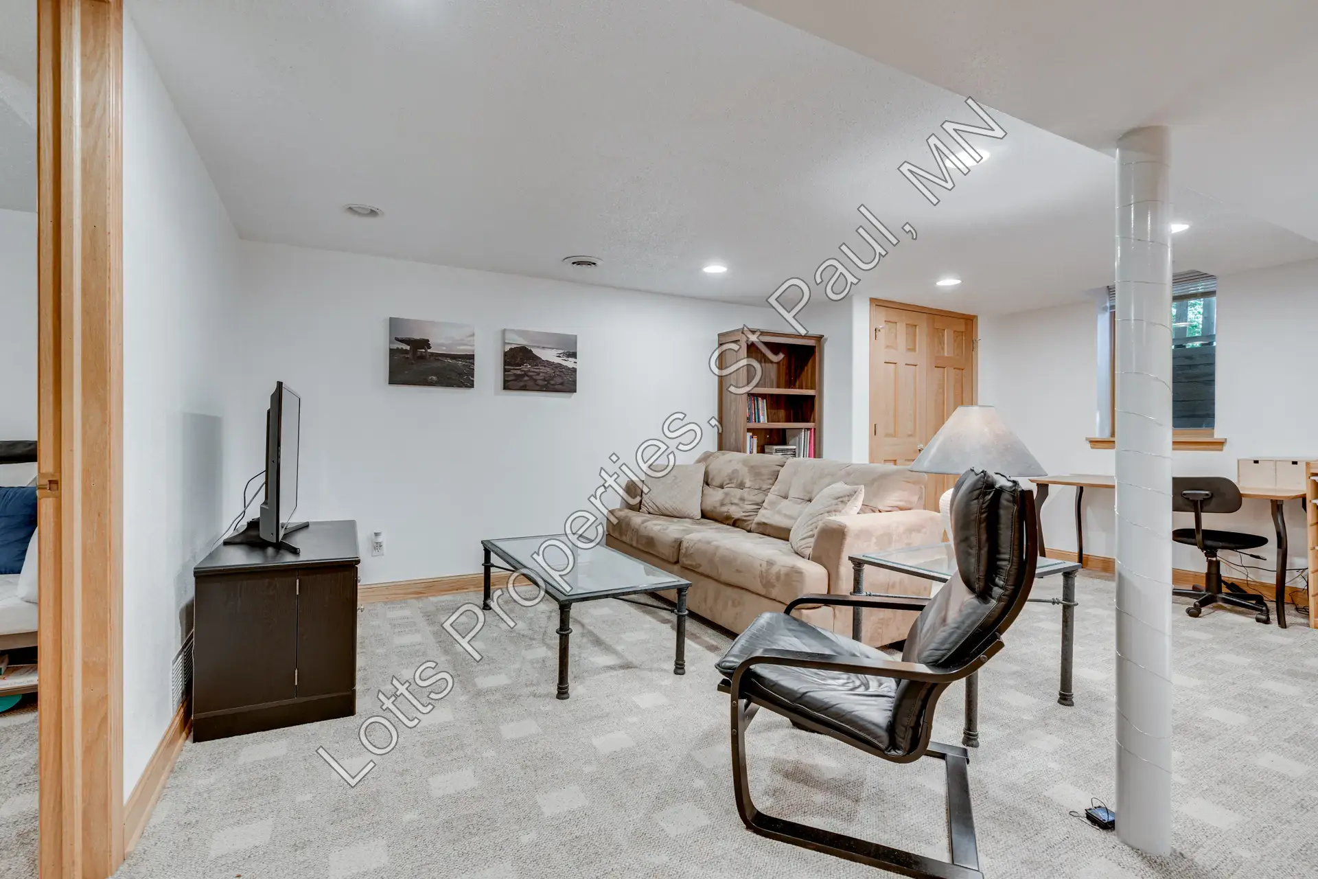 Wide view of the finished basement living space