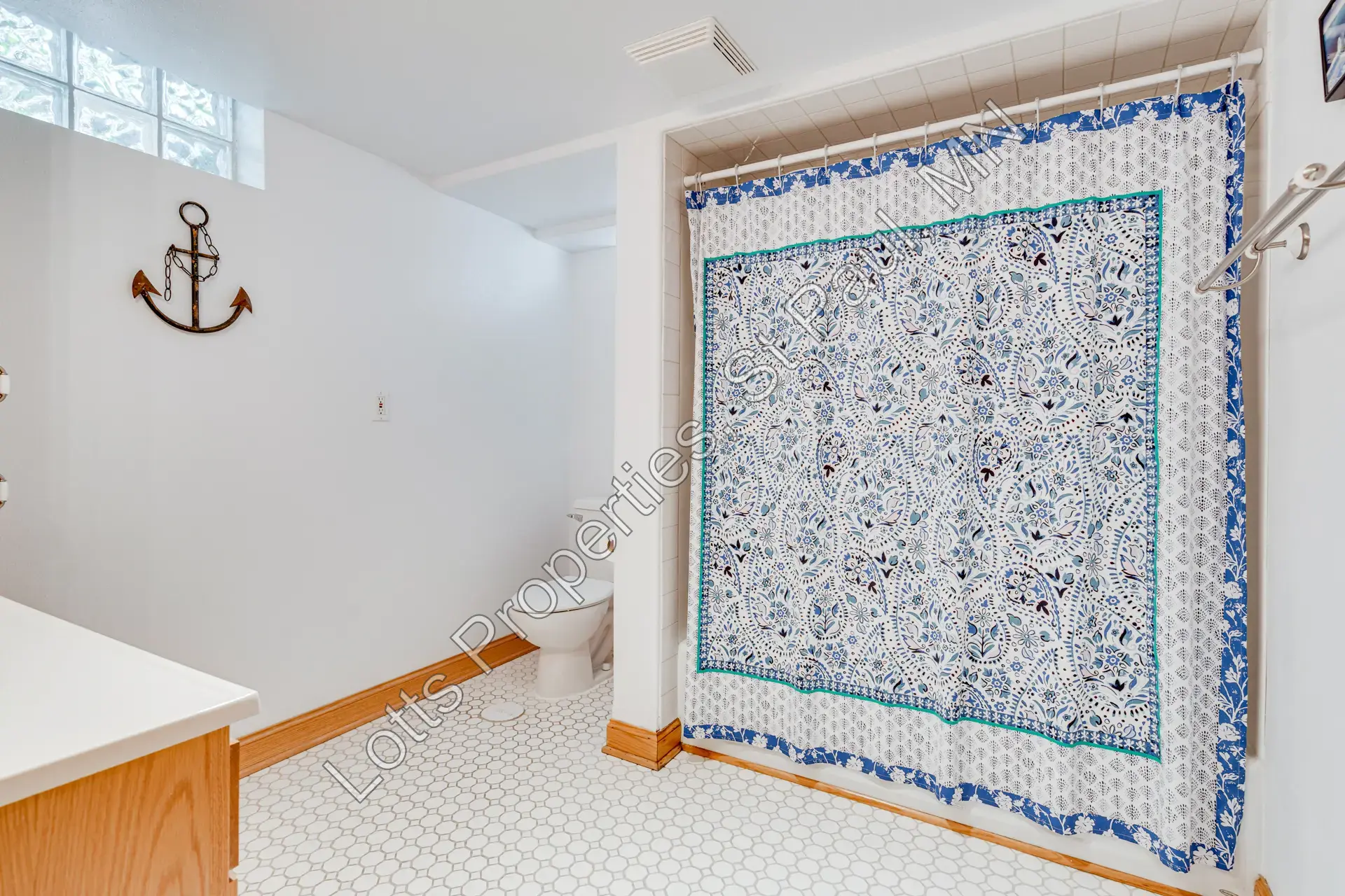 Lower-level bathroom with shower curtain, vanity, and open floor area