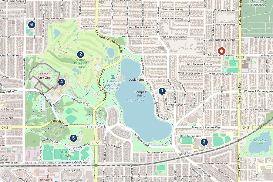 Map of Como Park showing 1443 St. Albans and numbered pins for Como Lake, Como Golf Course, Como Park Senior High School, the zoo and conservatory, the pool, and Chelsea Heights Elementary