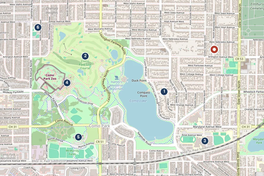 Map of Como Park showing 1444 Alameda and numbered pins for Como Lake, Como Golf Course, Como Park Senior High School, the zoo and conservatory, the pool, and Chelsea Heights Elementary